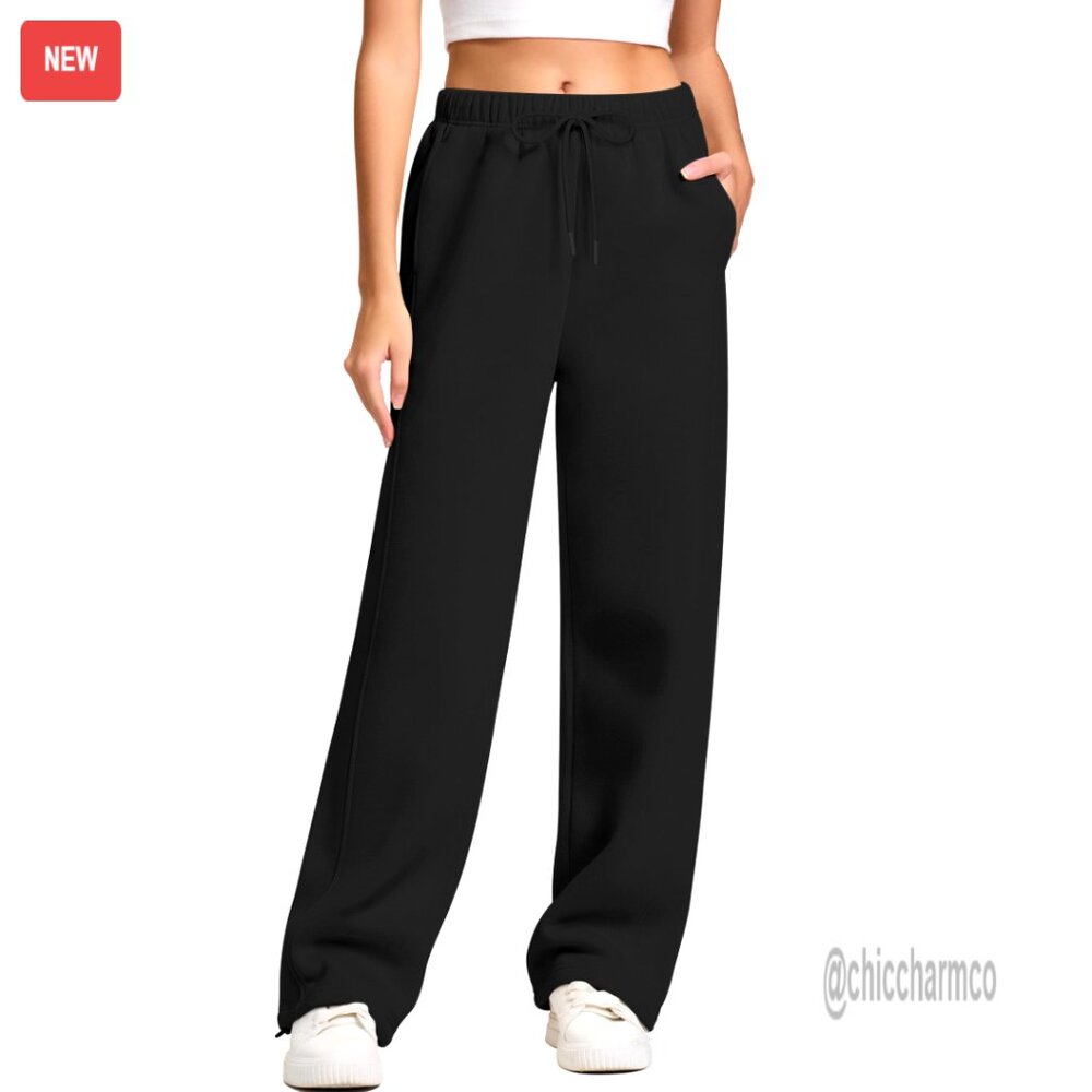 Fleece Lined Sweatpants High Waist Wide Leg Joggers 3 Pockets Lounge Active